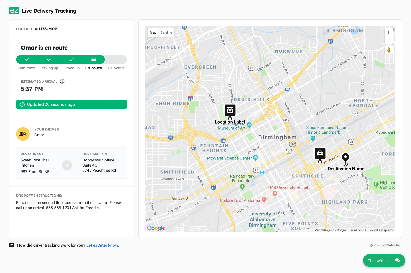 Live Delivery Tracking page: Omar is en route, a five-step status bar, a 5:37 PM estimated arrival, driver and restaurant details, and a live map of the route