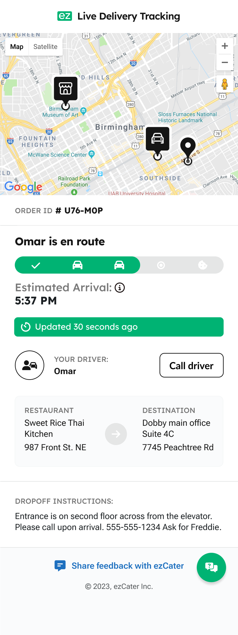 Live Delivery Tracking on mobile: map with restaurant, car and destination, Omar is en route, estimated arrival 5:37 PM, Updated 30 seconds ago and a Call driver button