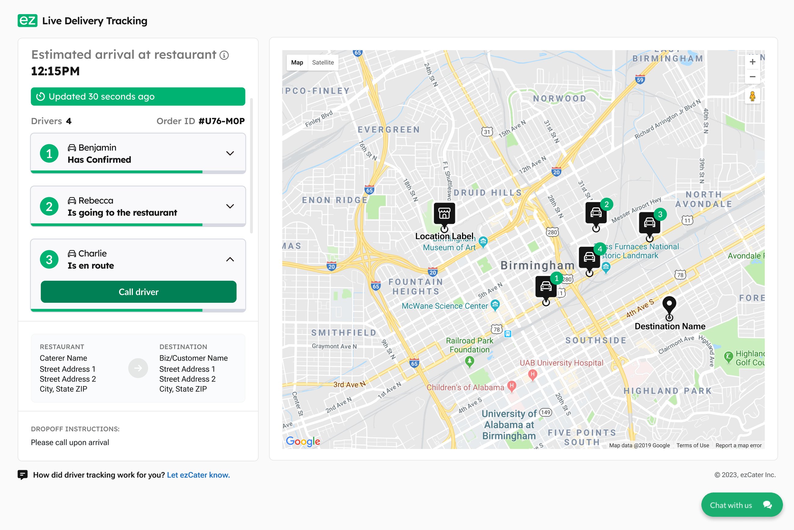 Multi-driver tracking on desktop: estimated arrival at restaurant 12:15PM, Updated 30 seconds ago, 4 drivers with individual status cards and Call driver, and a map with numbered cars