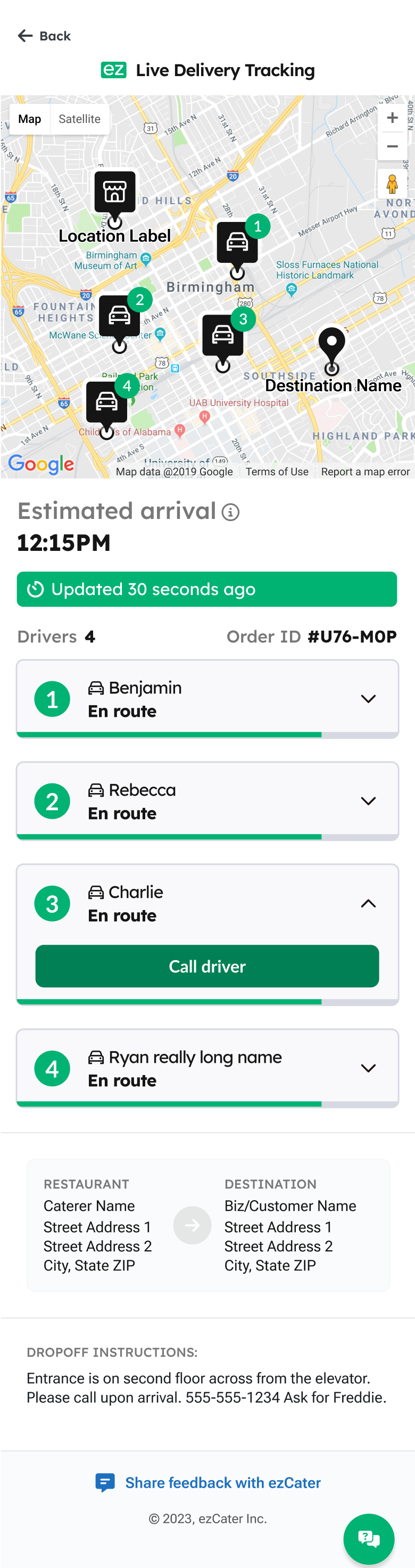 Multi-driver tracking on mobile: map with four numbered cars, estimated arrival 12:15PM, Updated 30 seconds ago and a card per driver with Call driver