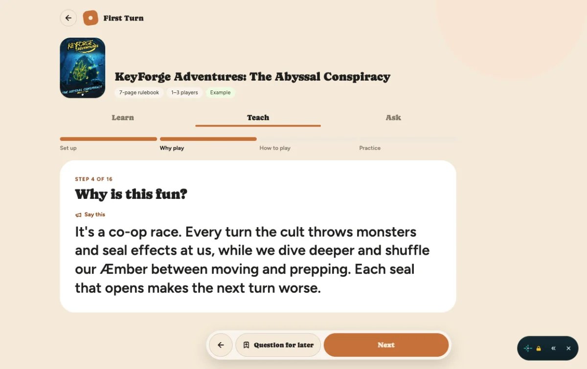 Teach tab: a line to say, the rule underneath it and a Next button