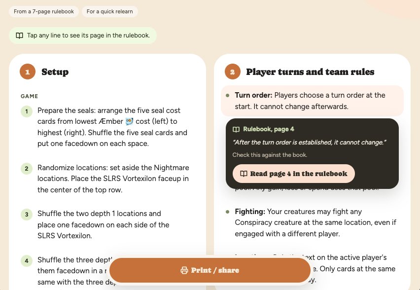 Rules summary with a line tapped: a card shows Rulebook, page 4, the exact quote, and a button to read that page