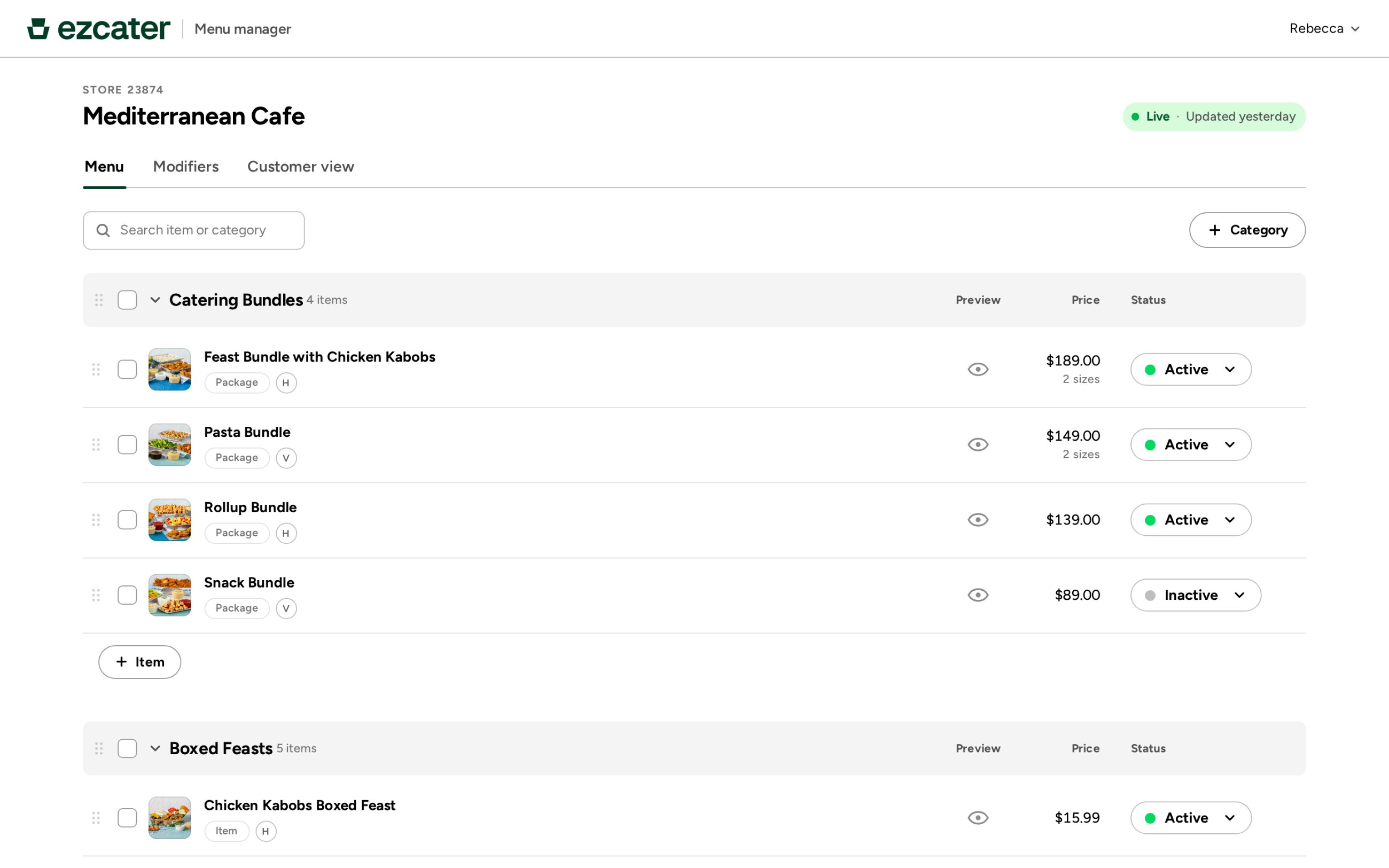 Menu editor: menu list with categories, prices and item status
