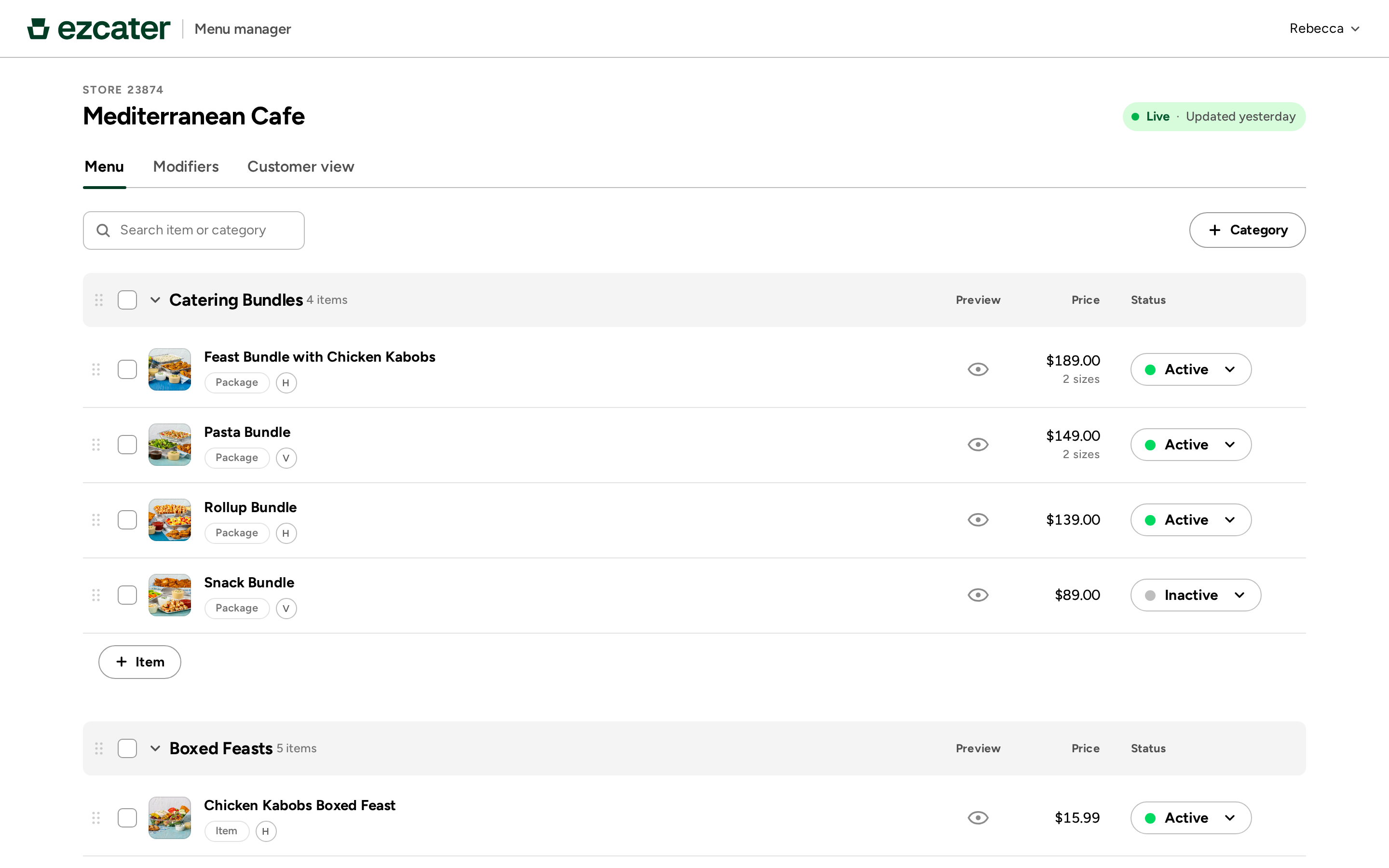 Menu editor: menu list with categories, prices and item status