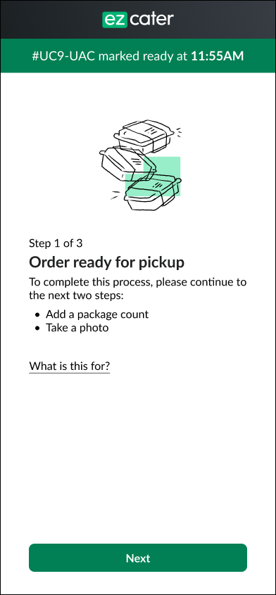Step 1: Order ready for pickup, with the marked-ready timestamp at the top