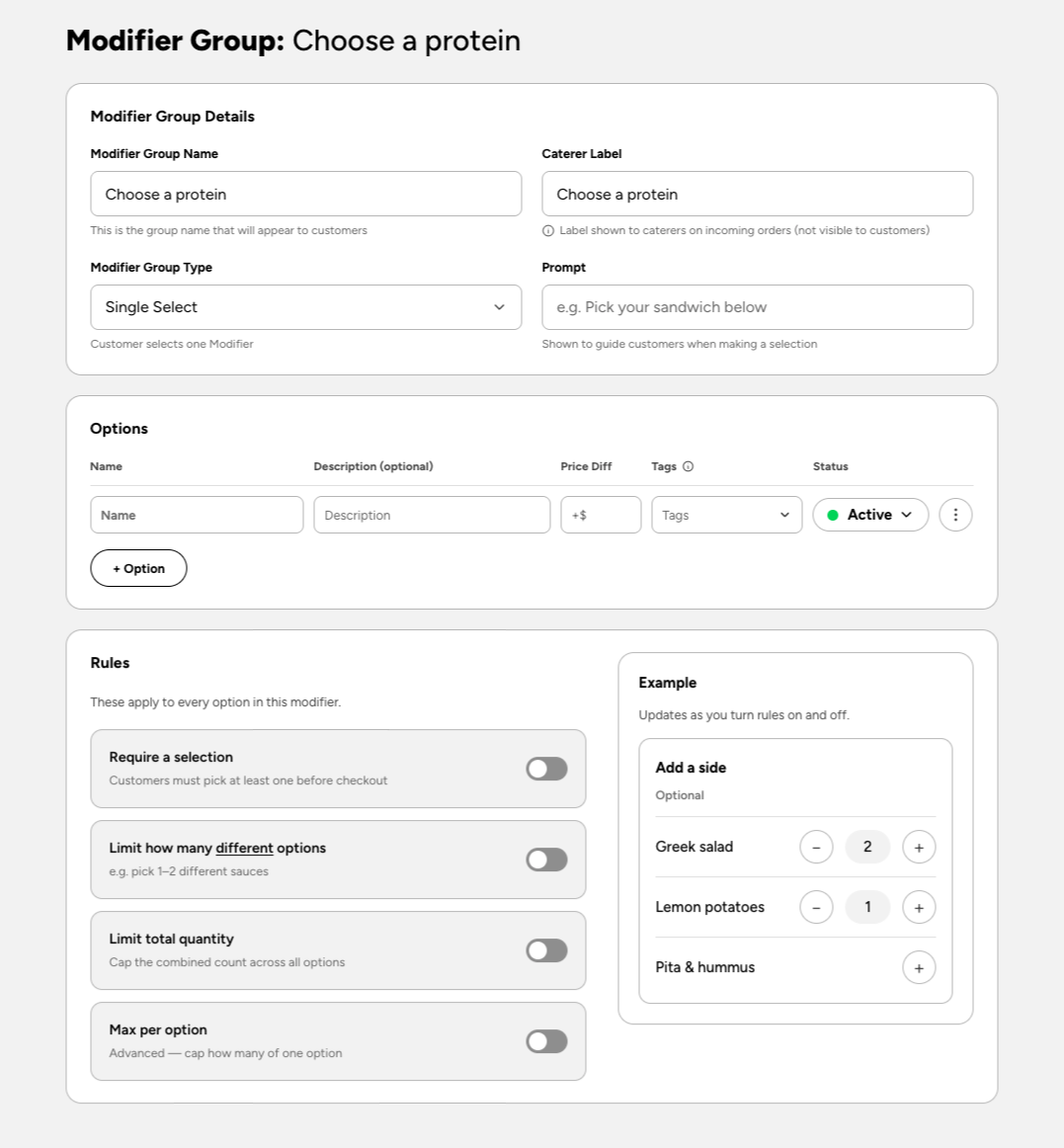 Version 1: modifier group with a type dropdown, options table and every rule as a toggle