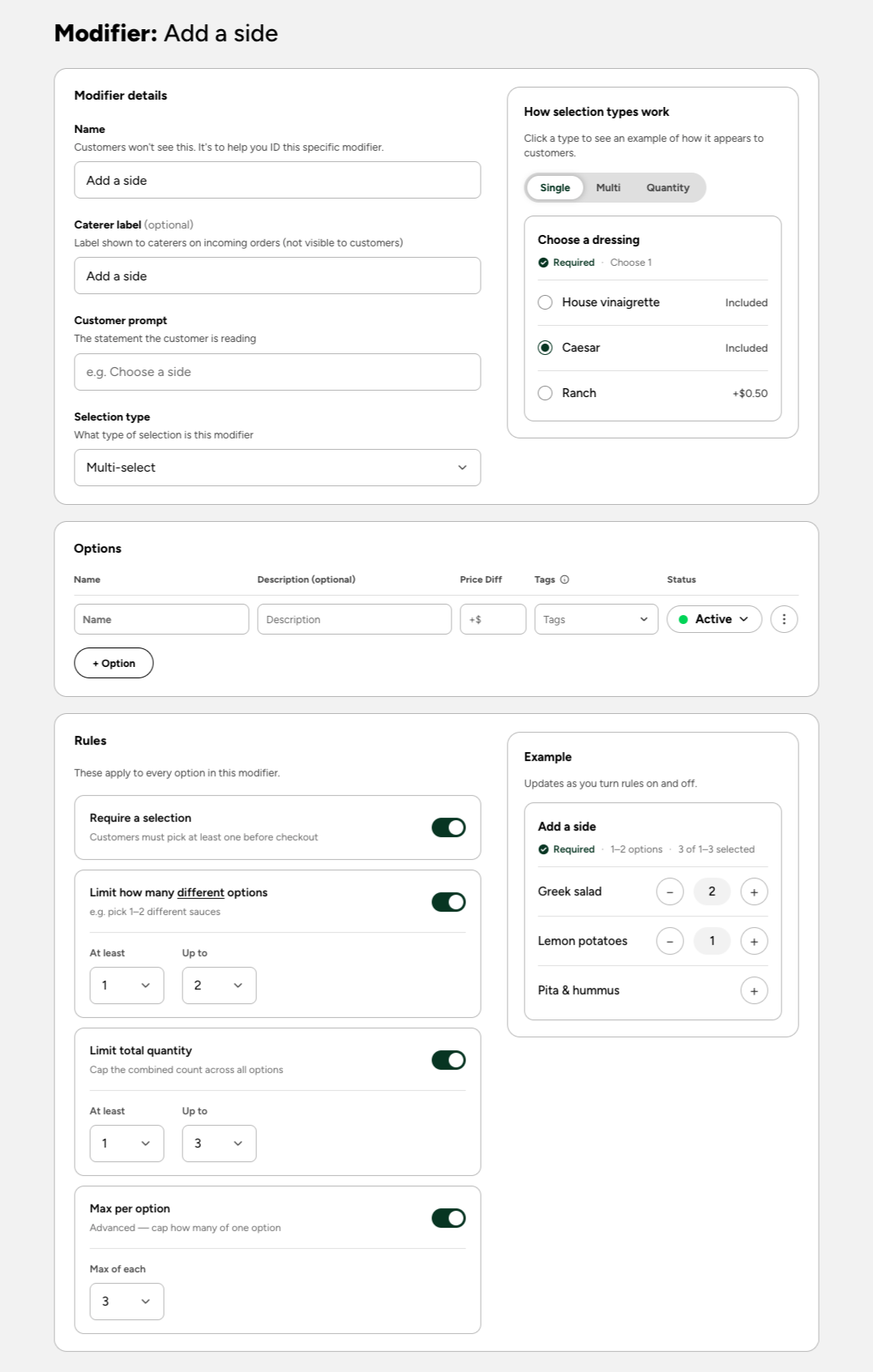 Version 2: a clickable example of each selection type beside the details
