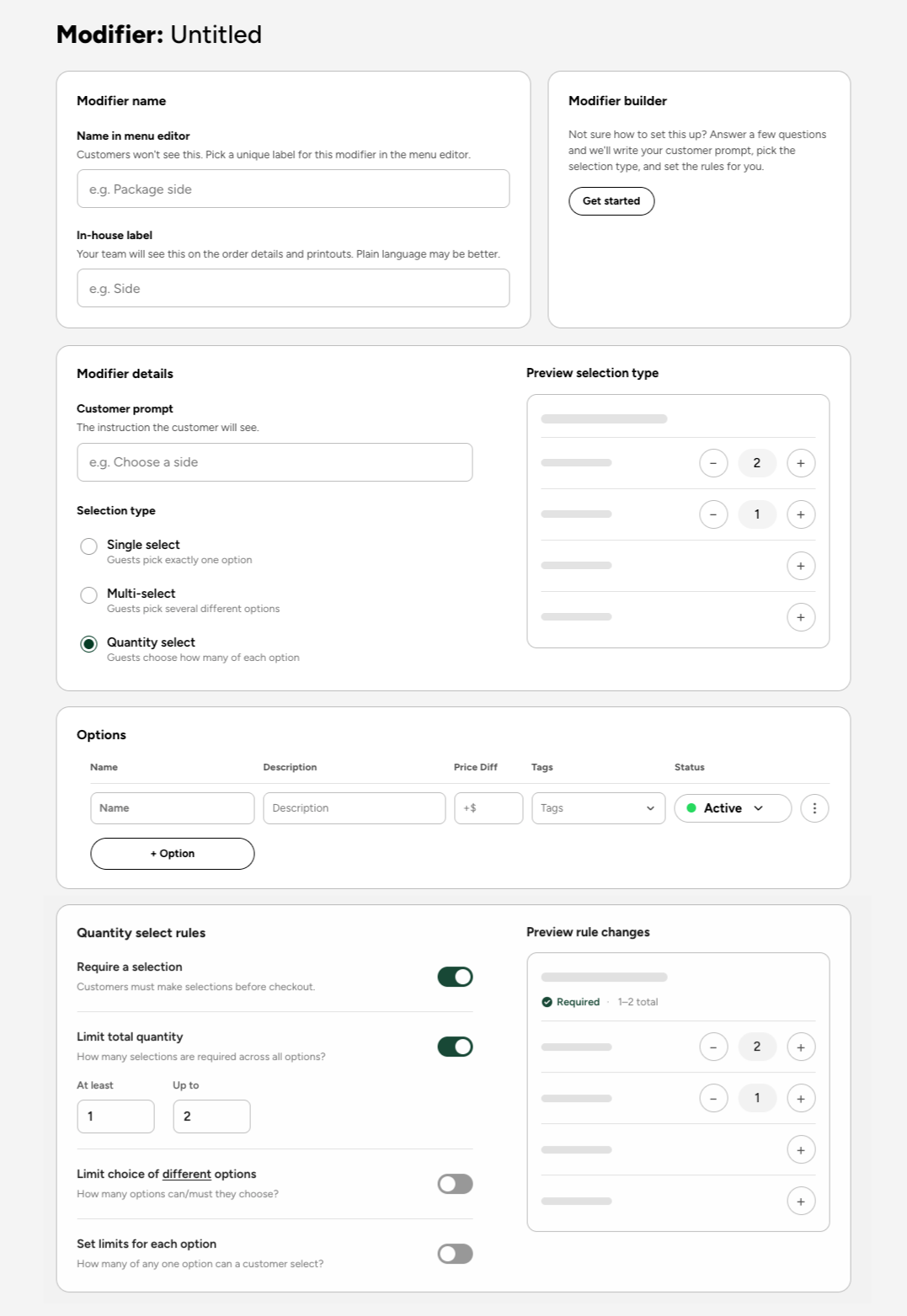 Version 3: plain-language type choices, rules that follow the type, and a Modifier builder