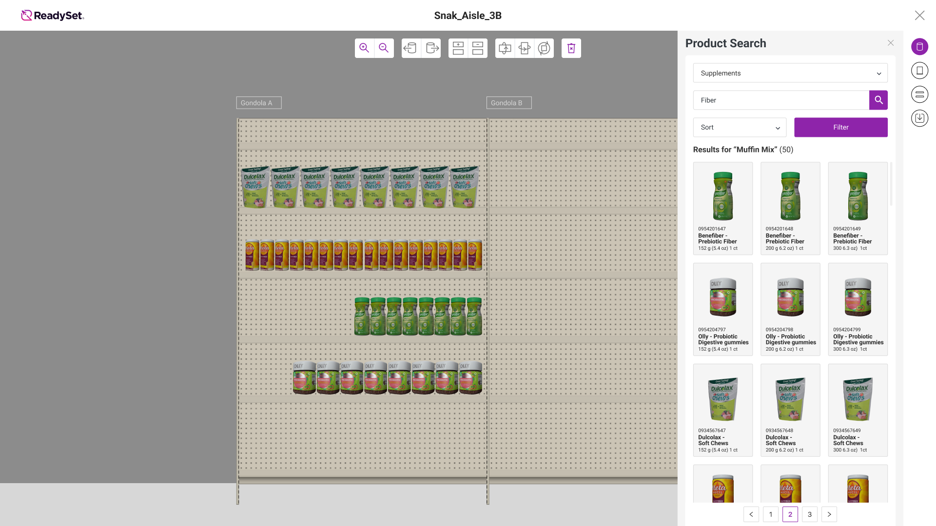 MVP Planogram Builder: two gondolas with stocked shelves and the Product Search panel open