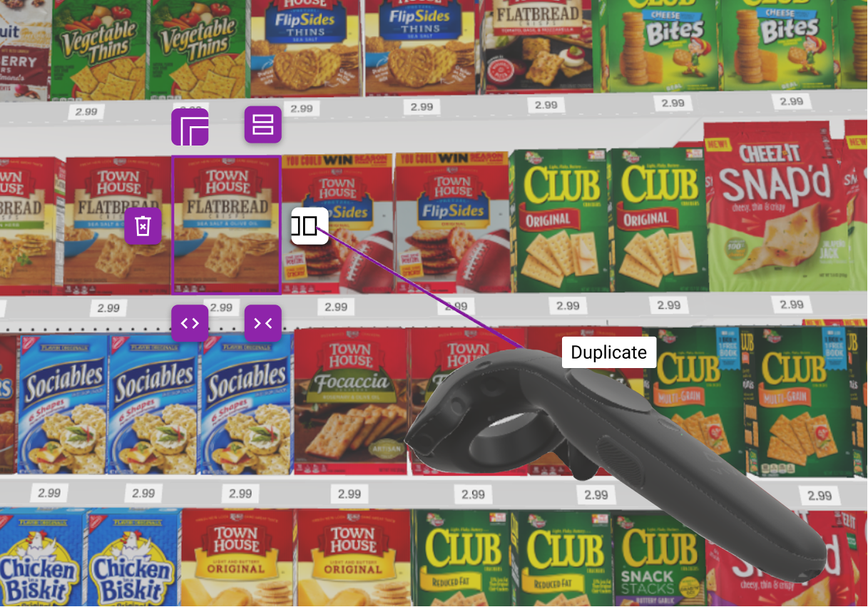 Contextual options: a selected cracker box on the shelf with backfill, stack, delete, duplicate, widen and squeeze buttons around it, labeled “Duplicate” on the controller