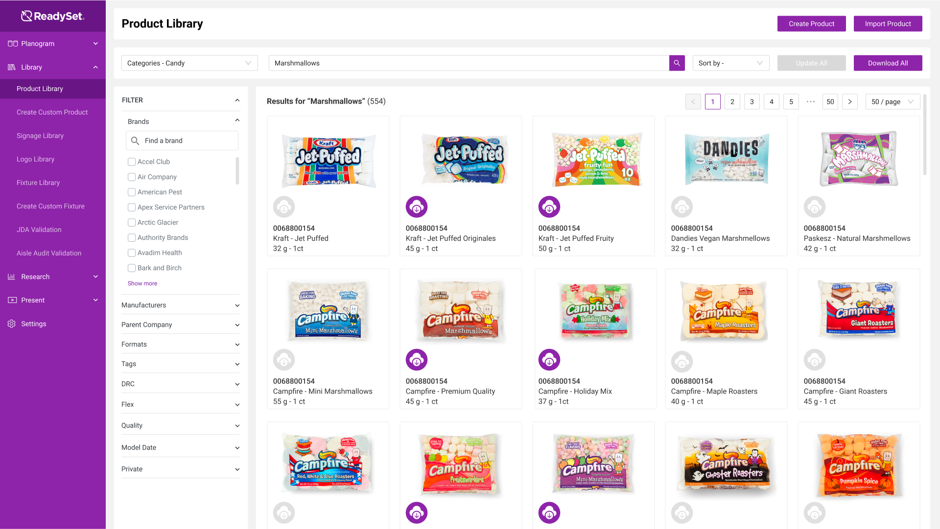 Desktop Product Library with the same panels, filters and product cards