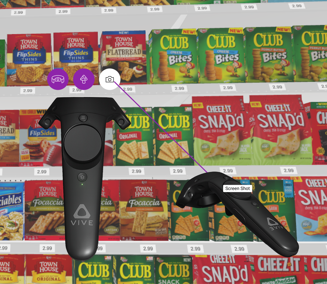 Quick menu: the laser hand points at 360° photo, supersize and screenshot tools above the other controller, labeled “Screen Shot”