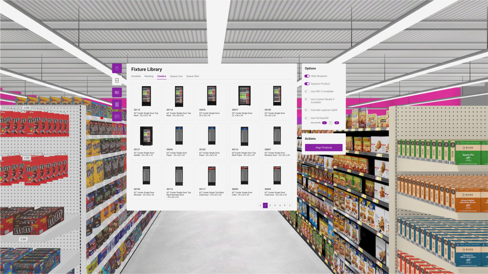ReadySet VR: the Fixture Library panel floating in a virtual store aisle