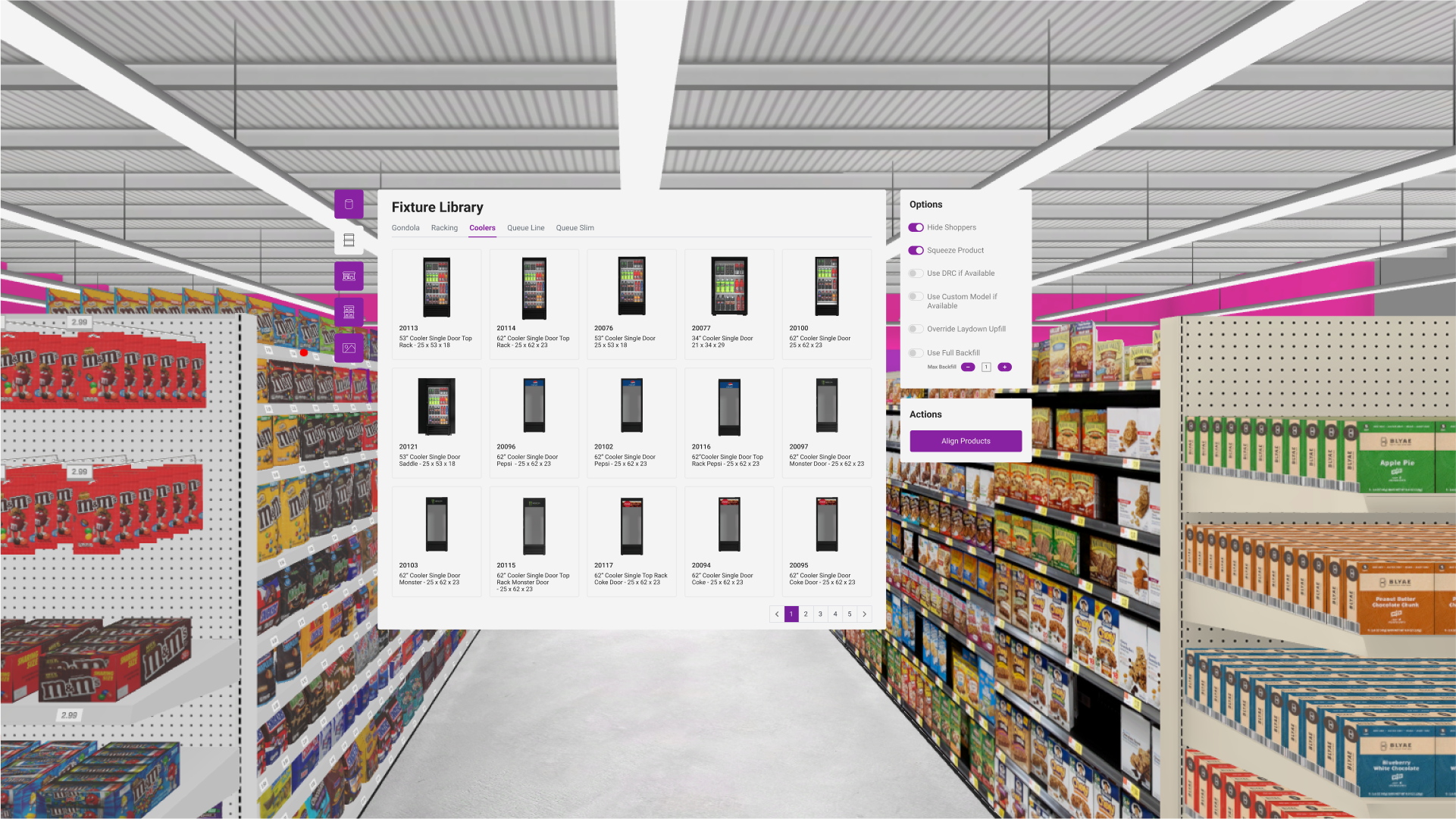 ReadySet VR: the Fixture Library panel floating in a virtual store aisle