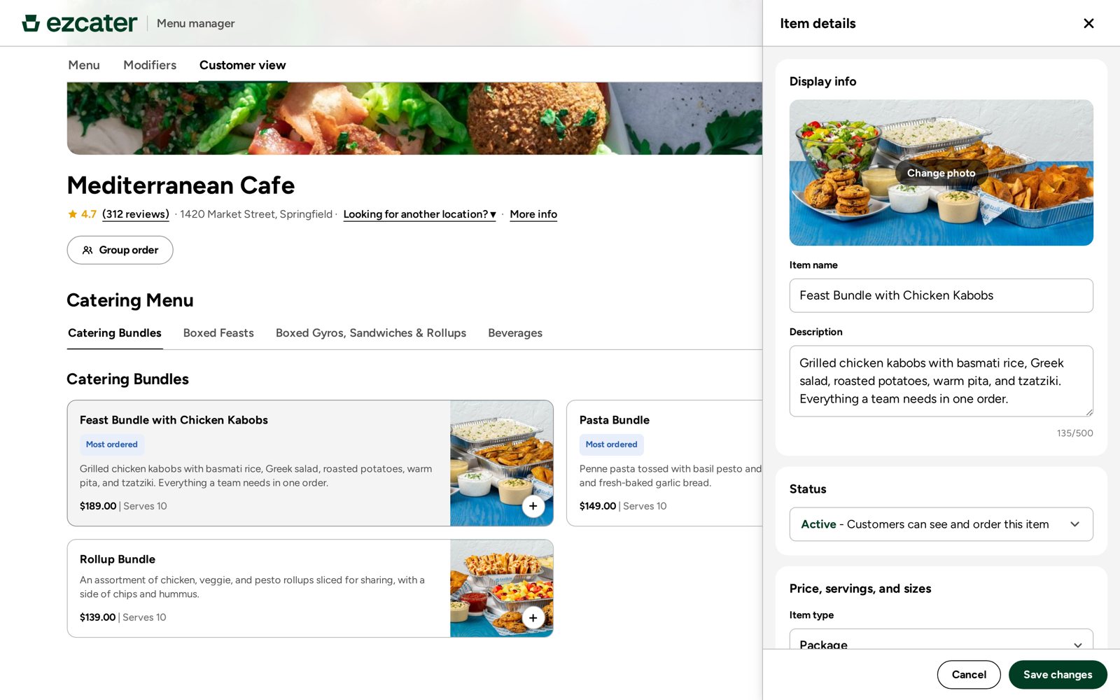 Menu editor: editing an item straight from the customer view